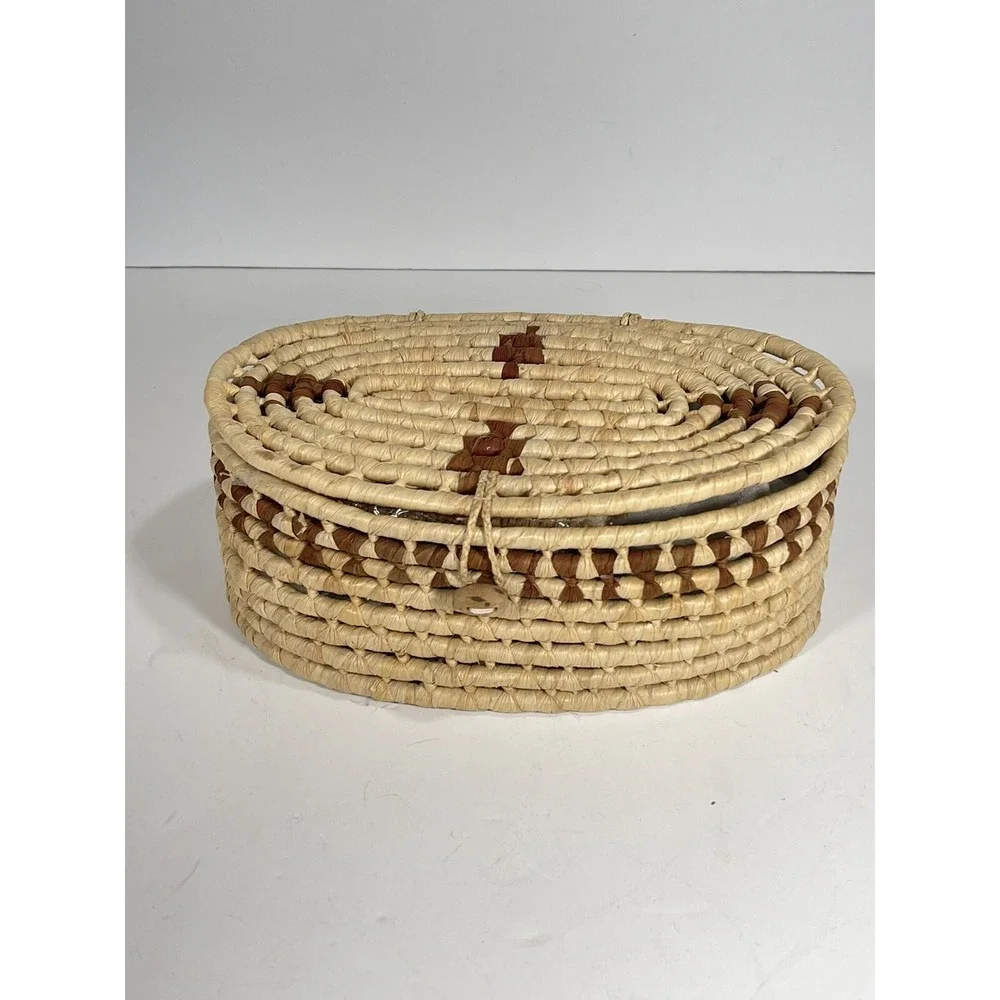 Asian Tea Sewing Basket + 5 Handmade Stoneware Teacups + Coasters vintage unique